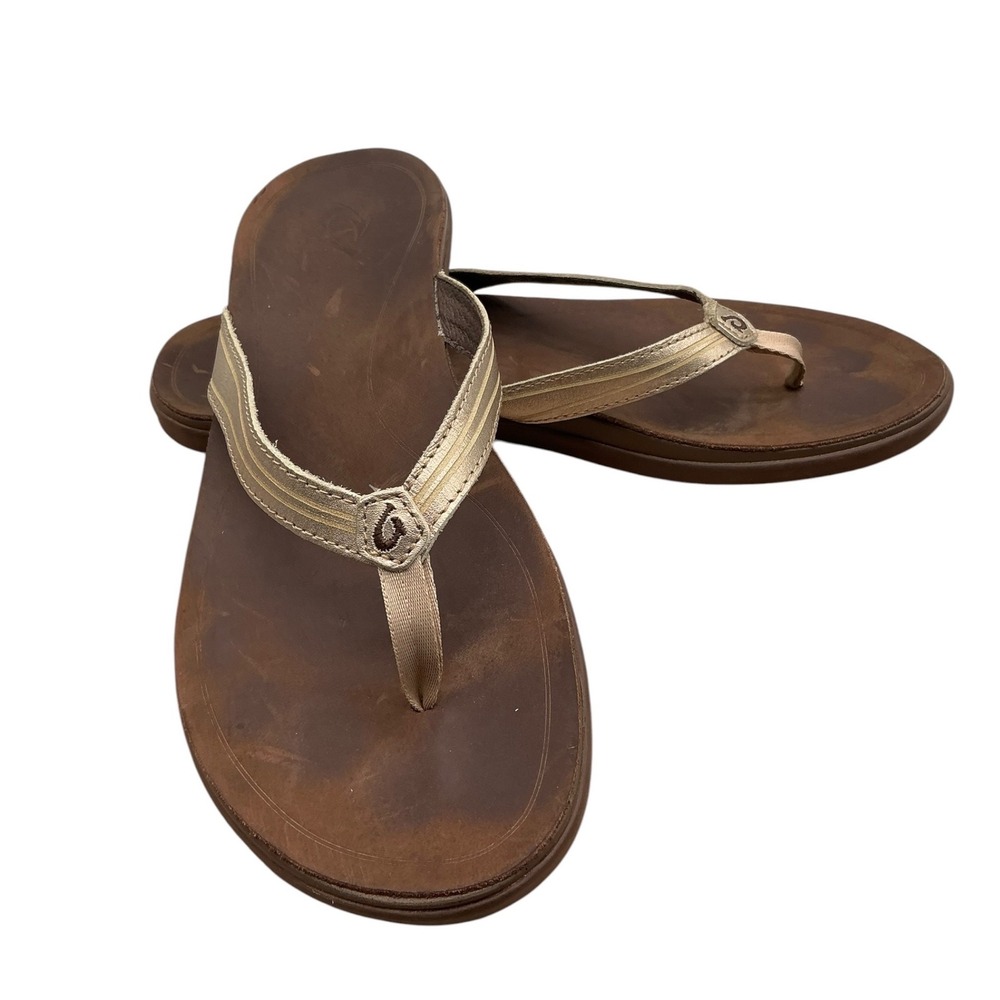 OluKai Aukai Womens 10 Flip Flops Metallic Gold Brown Leather Sandals 20442-CO48